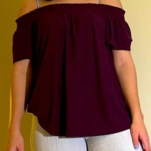 Stripped maroon and navy off the shoulder top